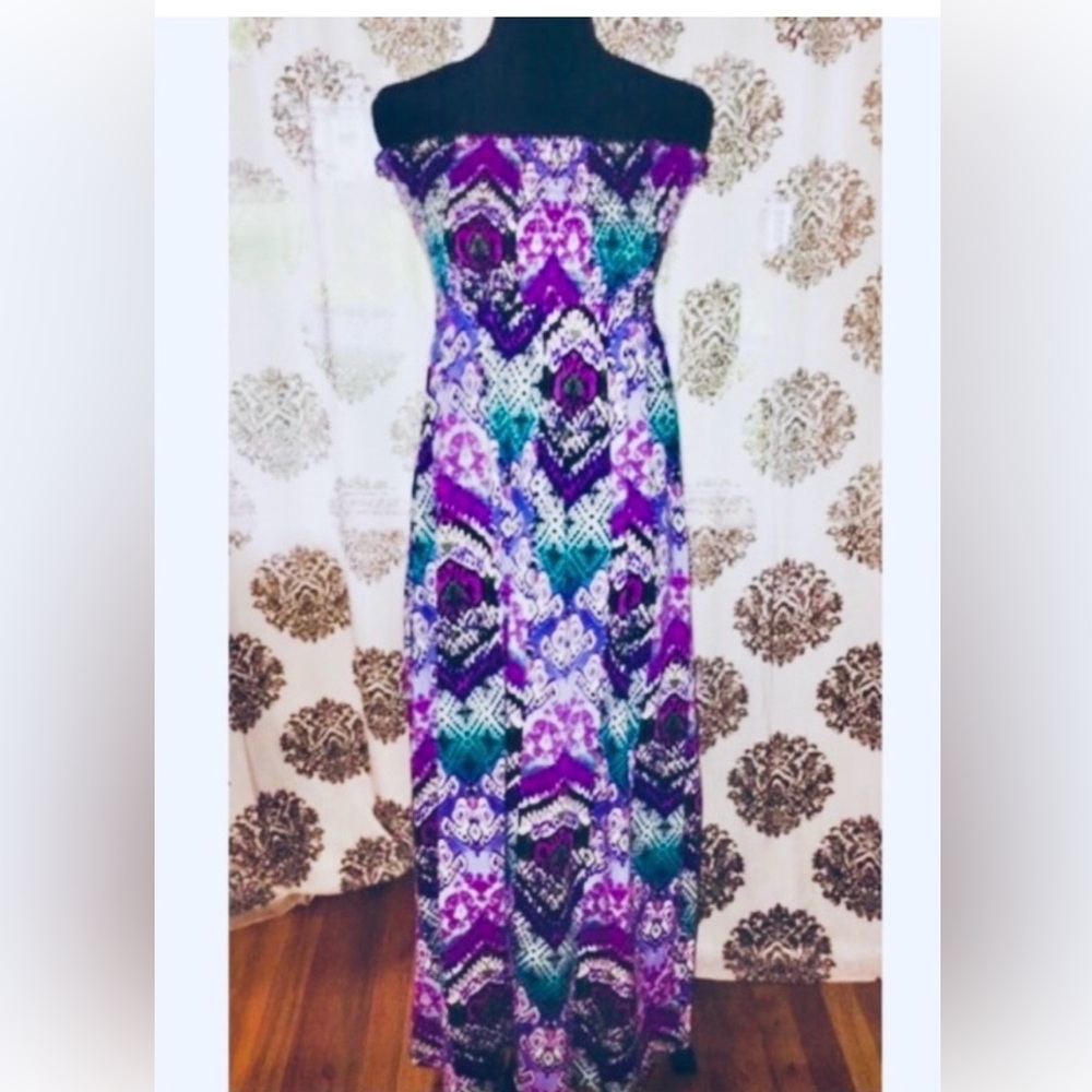 OP Strapless Purple and Turquoise Boho Maxi Dress